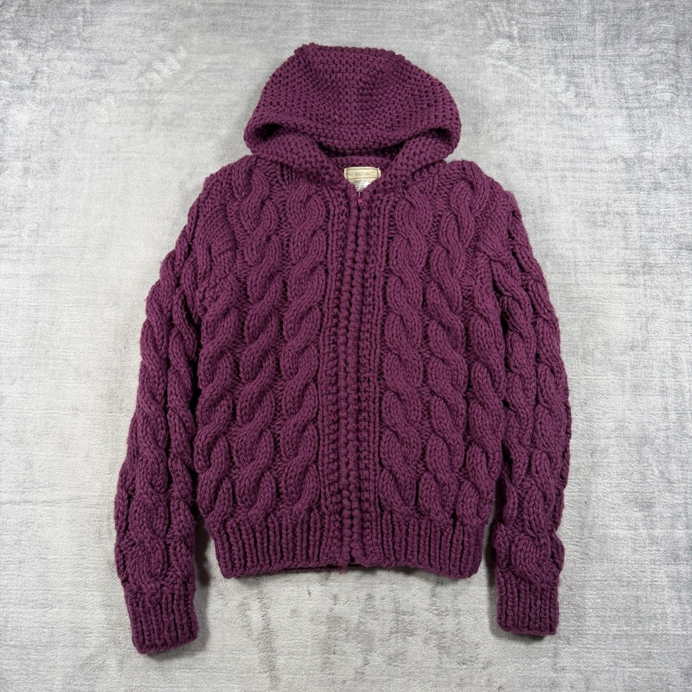 Eaton Cable Knit Sweater Women Large Purple Hooded Zip Up Chunky Vintage 80s